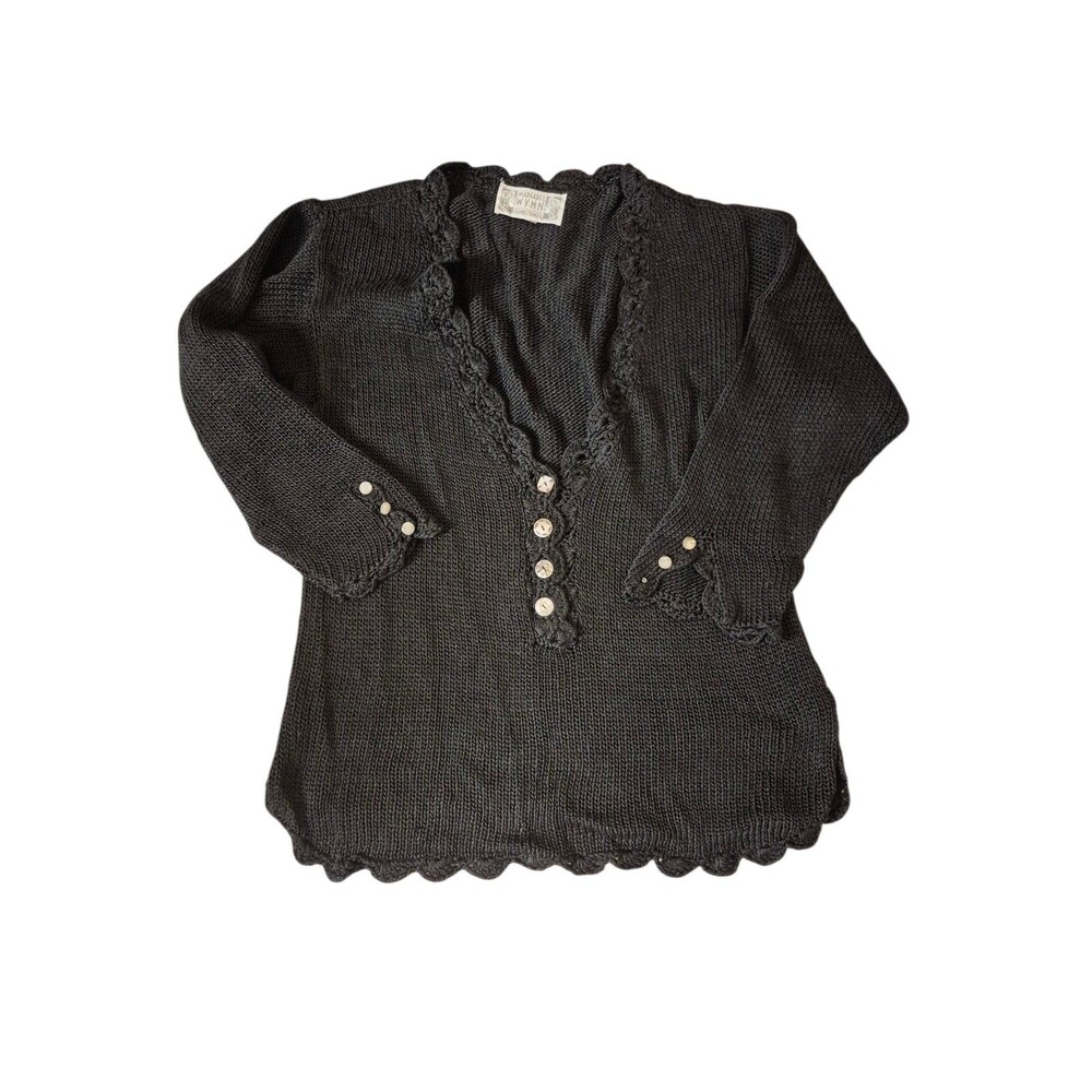 Margaret Wynn VTG Hand Loomed Sweater Boho Crochet Mother of Pearl Blk Sz O/S